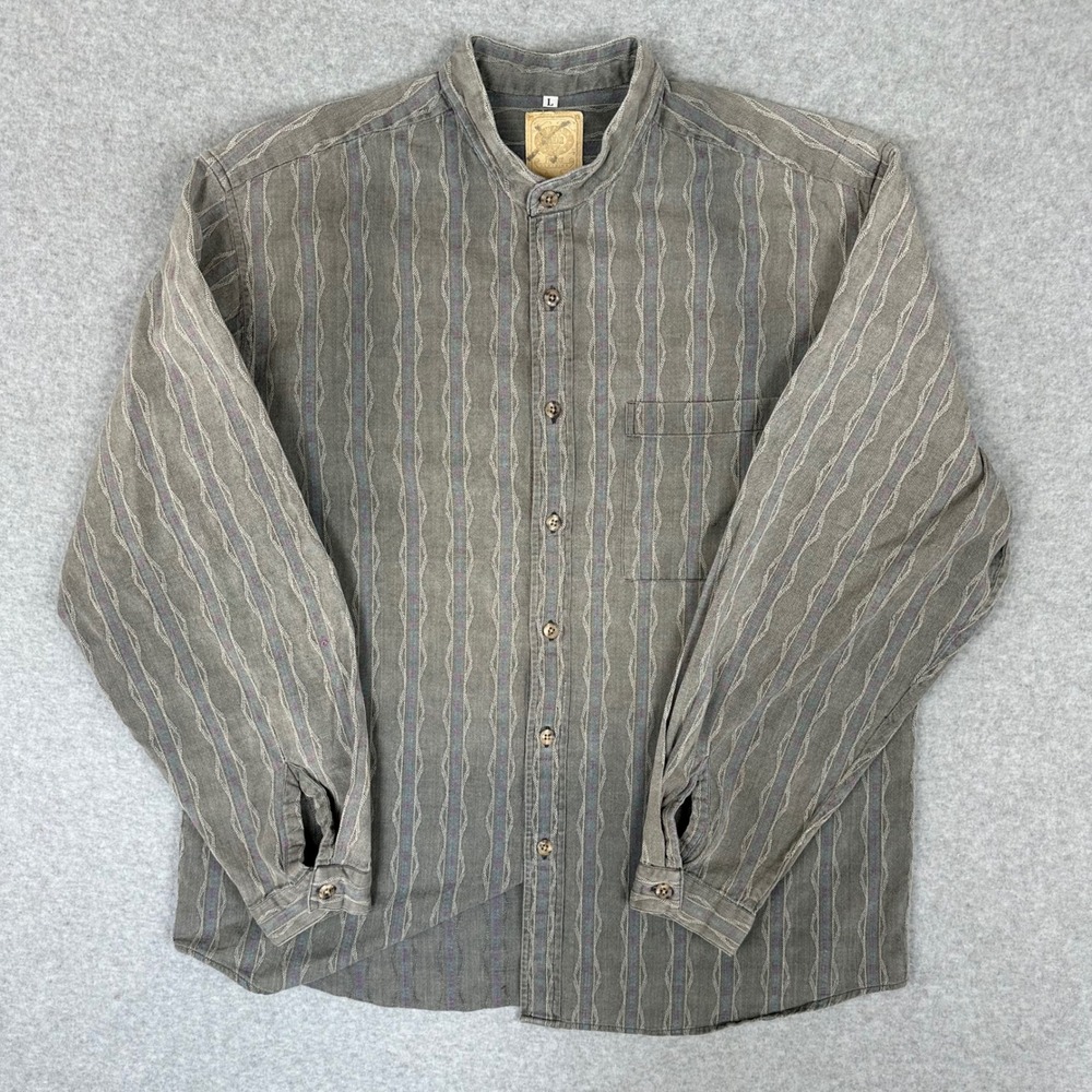 Vtg Wah Maker Frontier Clothing Large Banded Collar Striped Western Shirt Gray